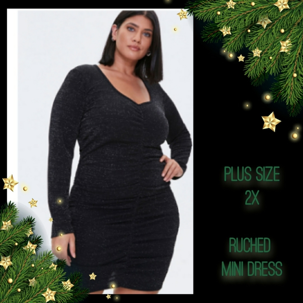 NWOT Plus Size LBD 2x Ruched Mini Dress Black with Sparkles and Long Sleeves
